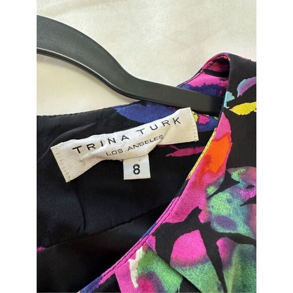Trina Turk Black Multicolor Floral Print Cap Sleeve Silk Sheath Dress Size 8 - Picture 4 of 9